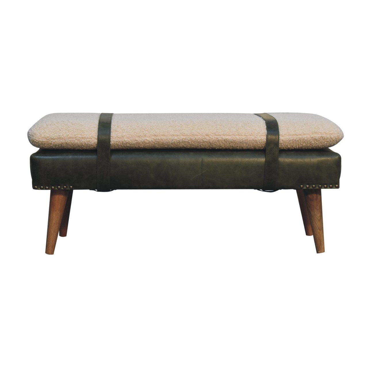 Bouclé Buffalo Hide Olive Green Leather Bench