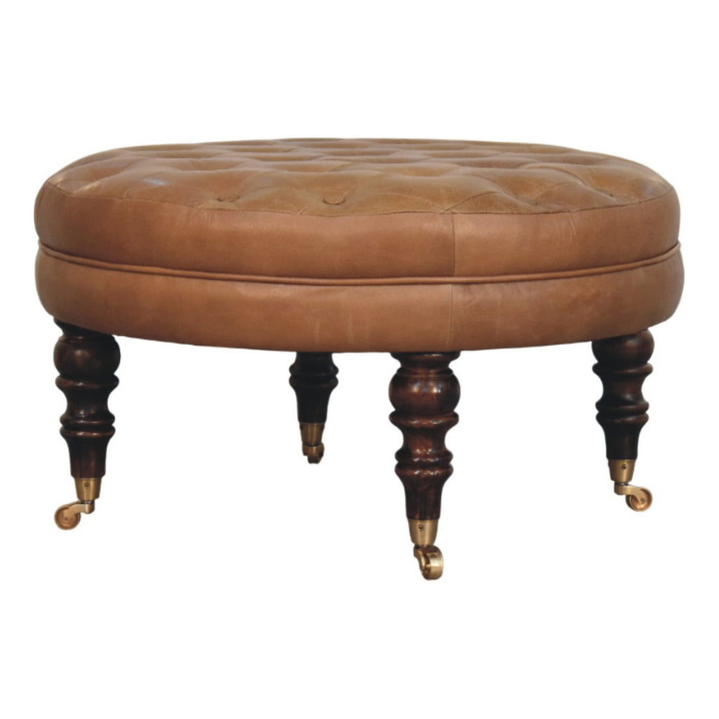Brown Buffalo Leather Round Ottoman with Castor Legs