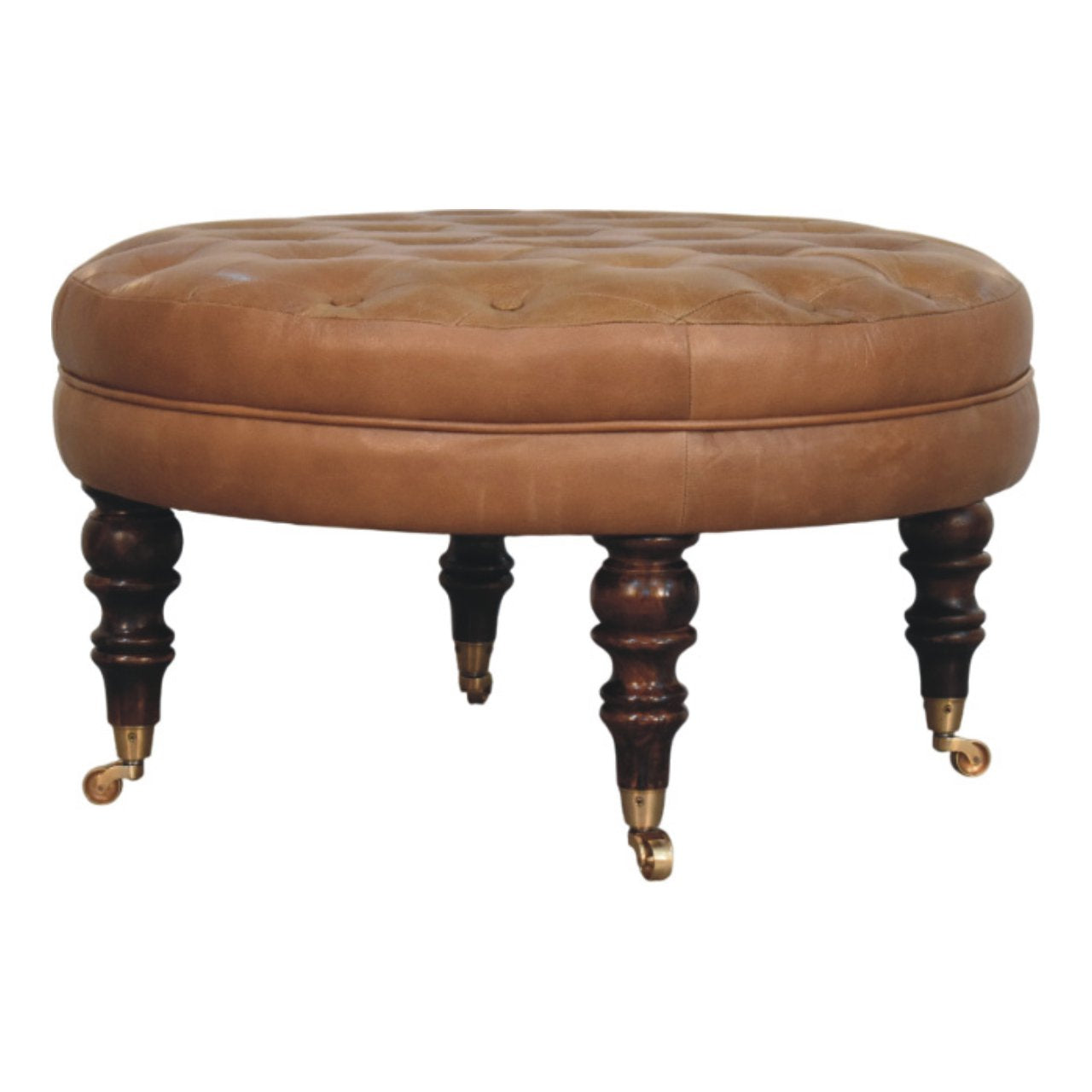 Brown Buffalo Leather Round Ottoman with Castor Legs