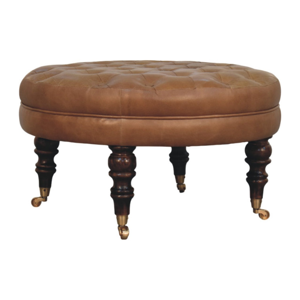 Brown Buffalo Leather Round Ottoman with Castor Legs