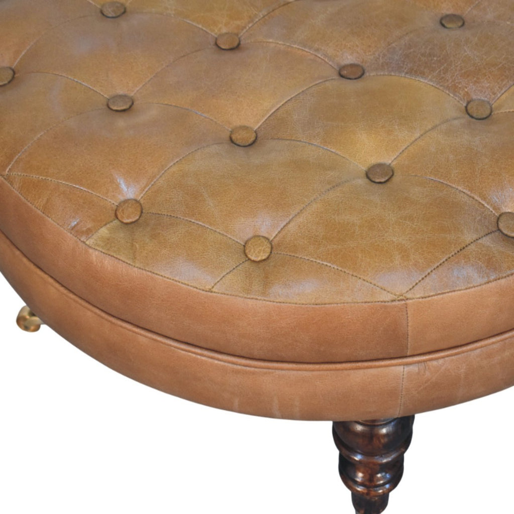 Brown Buffalo Leather Round Ottoman with Castor Legs