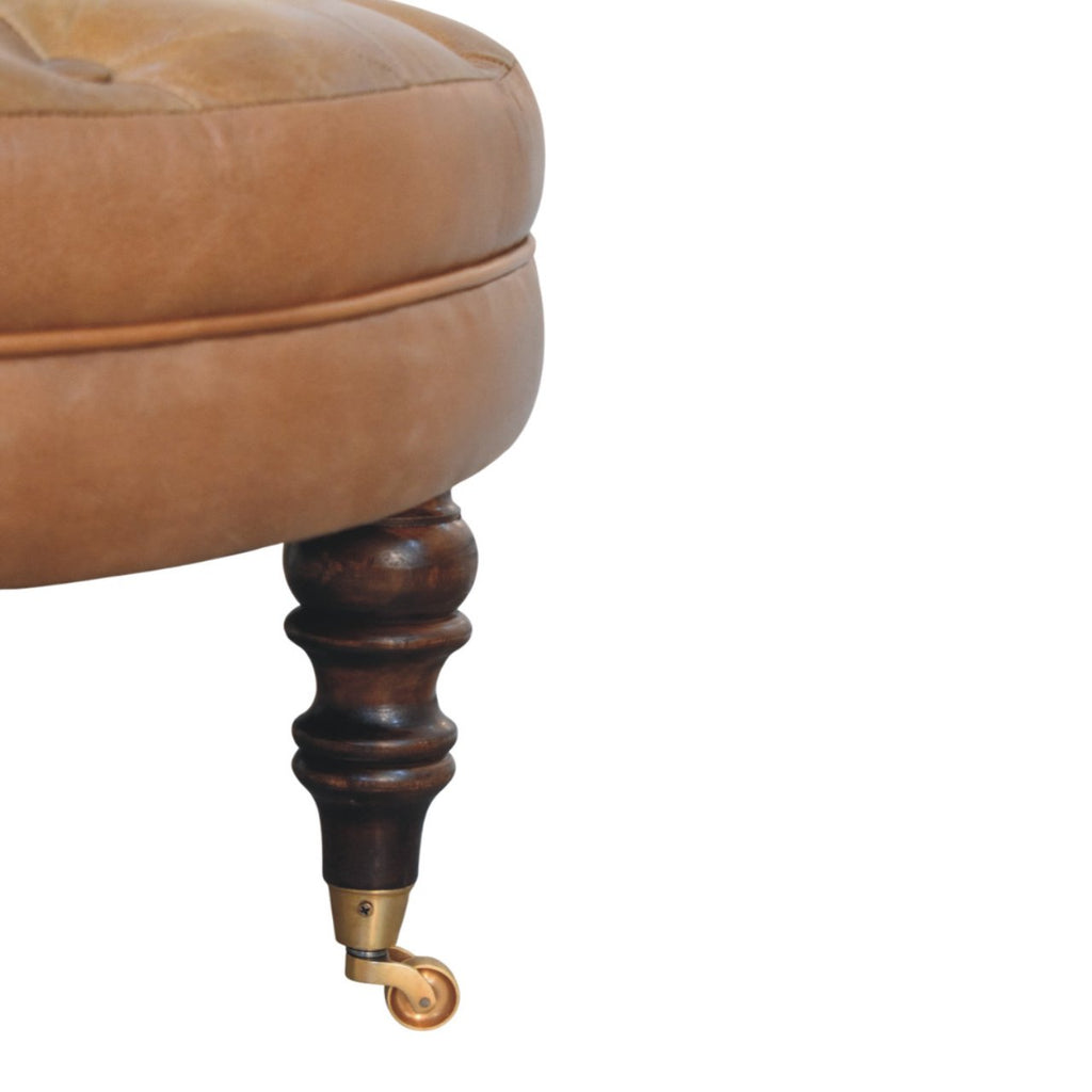 Brown Buffalo Leather Round Ottoman with Castor Legs